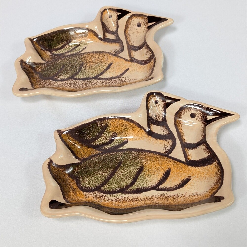 Clay Art Rustic Lodge Duck Candy Trinket Dish Catch All Set Of 2 Hand Painted